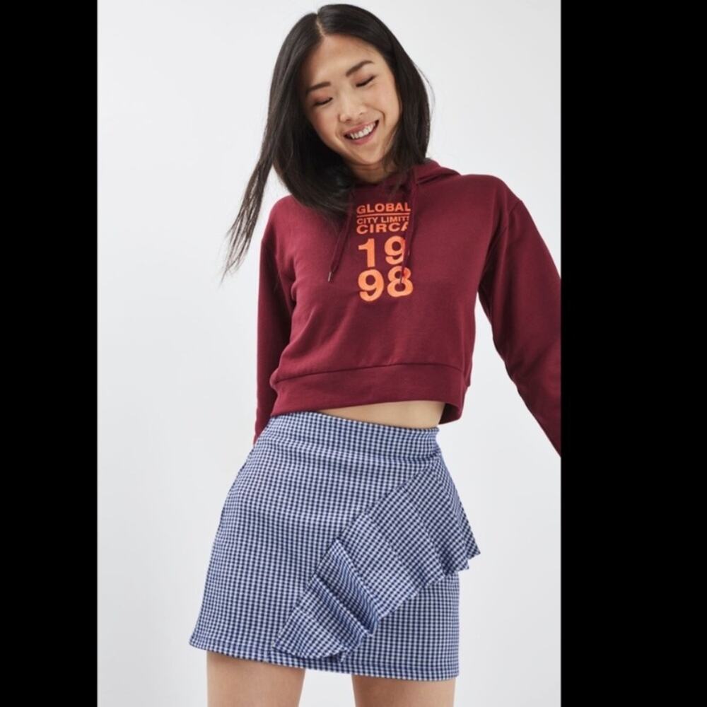 TOPSHOP Blue White Gingham Ruffle Jersey Mini Skirt Size 4